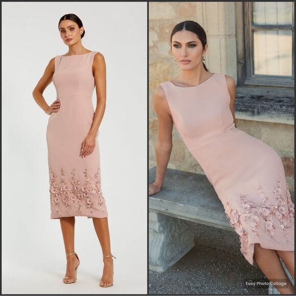 MAC DUGGAL 11853 Pink Crepe Sleeveless Midi Dress With Flower Beading - Picture 1 of 15